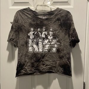 Gray-Green Tie-Dye KISS Graphic Crop Top